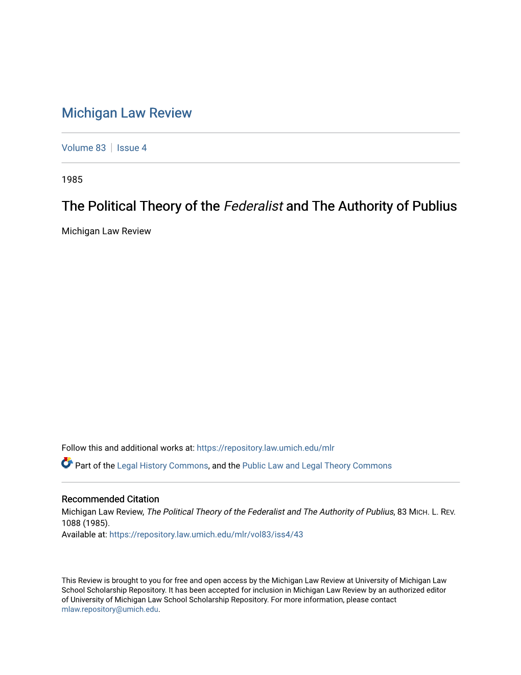 The Political Theory of the Federalist and the Authority of Publius