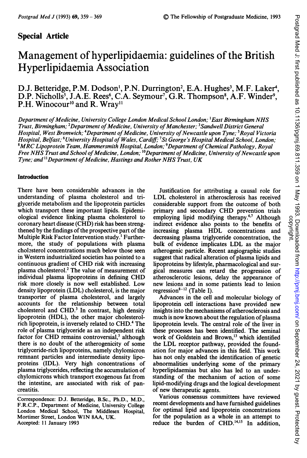 MANAGEMENT of HYPERLIPIDAEMIA 361 Postgrad Med J: First Published As 10.1136/Pgmj.69.811.359 on 1 May 1993