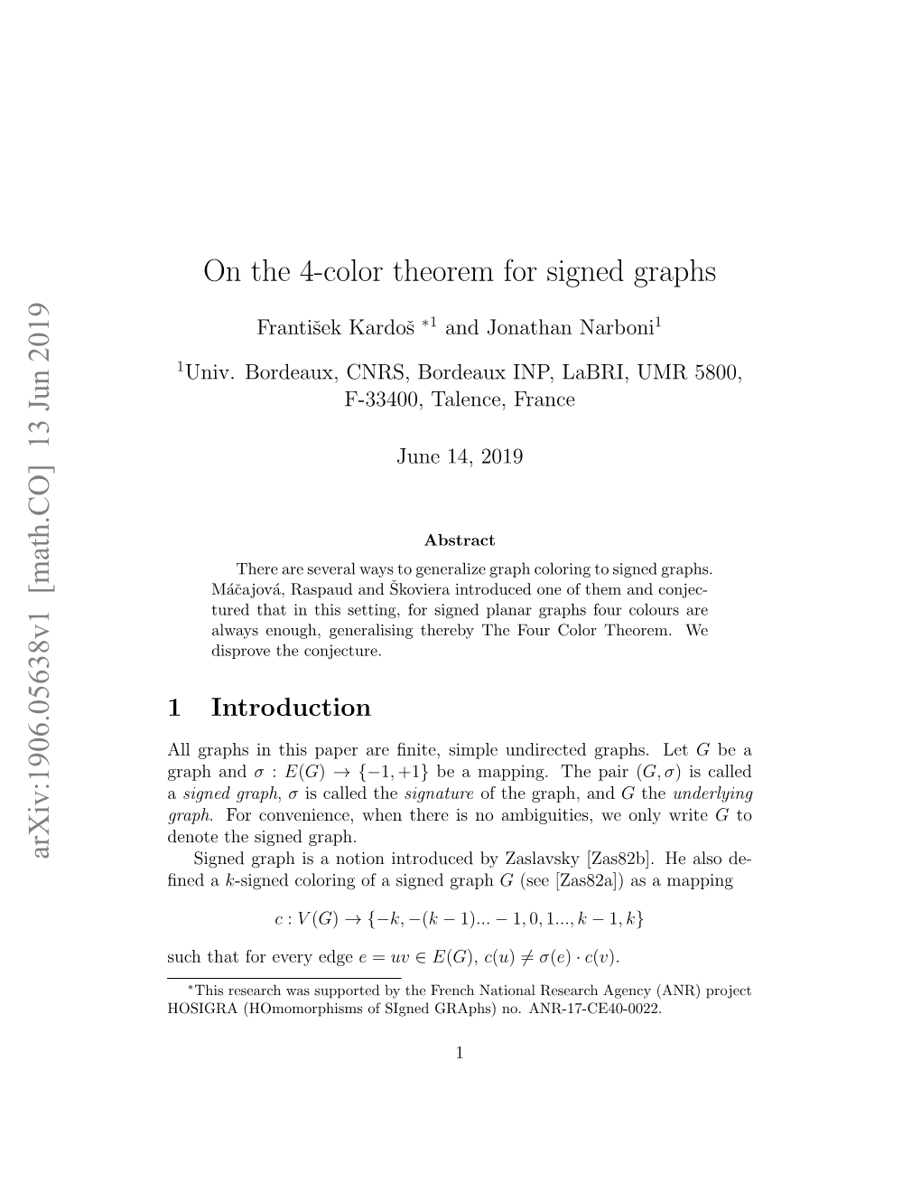 On the 4-Color Theorem for Signed Graphs Arxiv:1906.05638V1