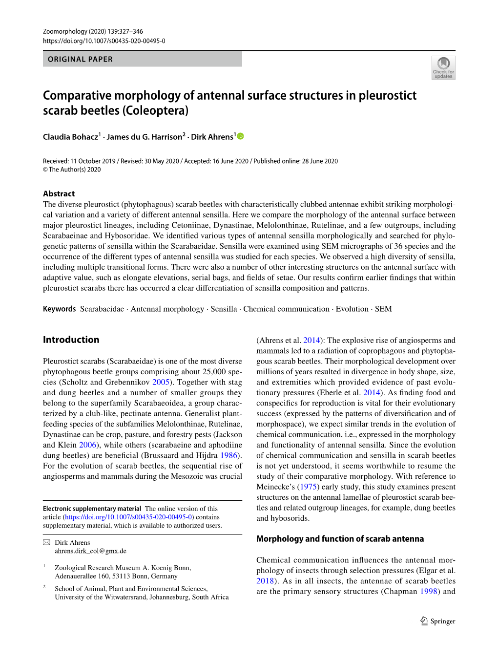 Comparative Morphology of Antennal Surface Structures in Pleurostict Scarab Beetles (Coleoptera)