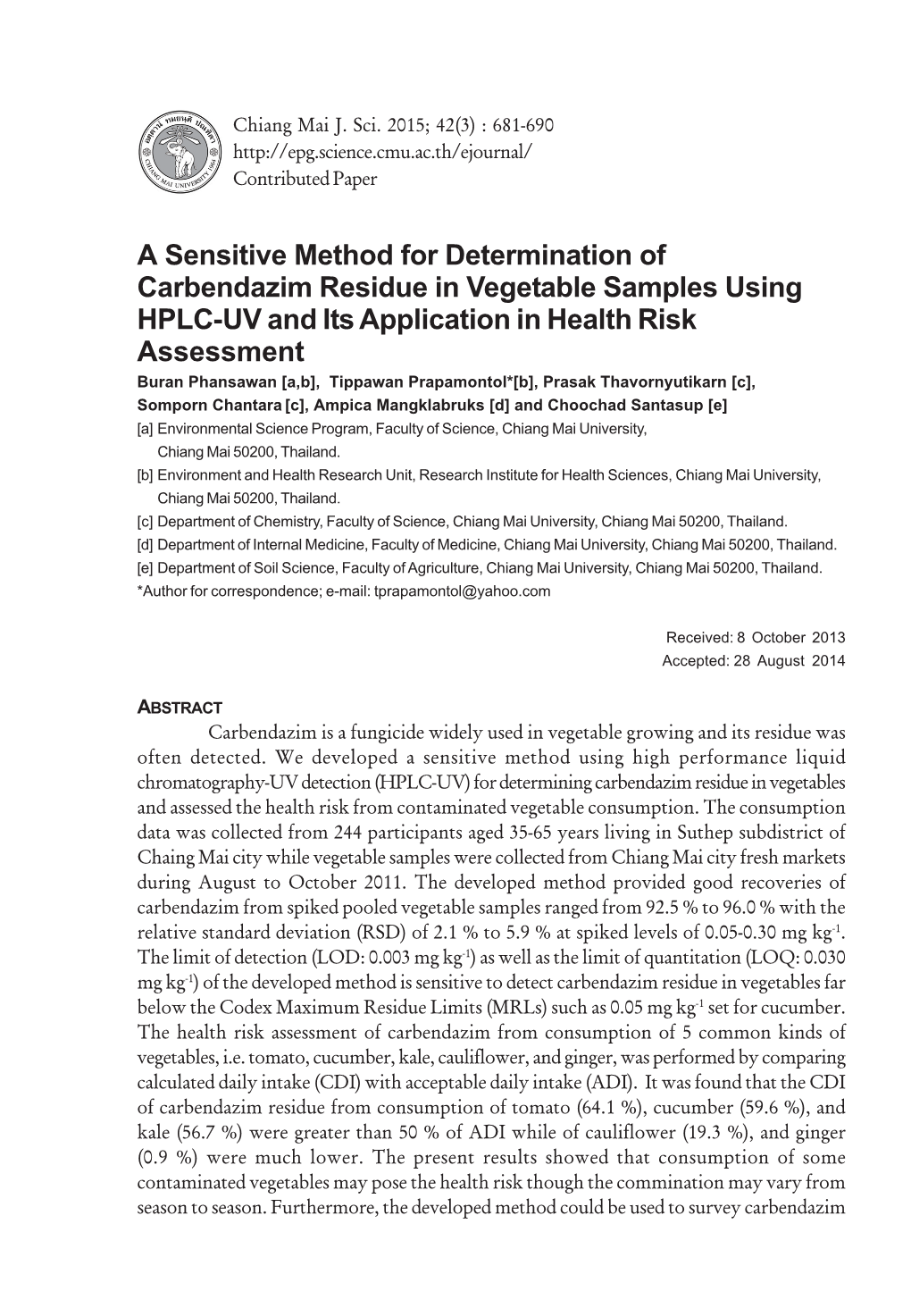 A Sensitive Method for Determination of Carbendazim Residue In