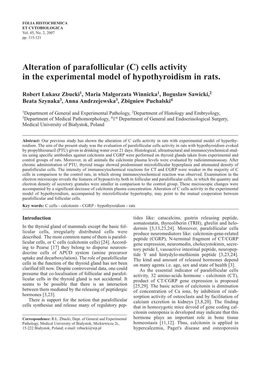 Alteration of Parafollicular (C) Cells Activity in the Experimental Model of Hypothyroidism in Rats