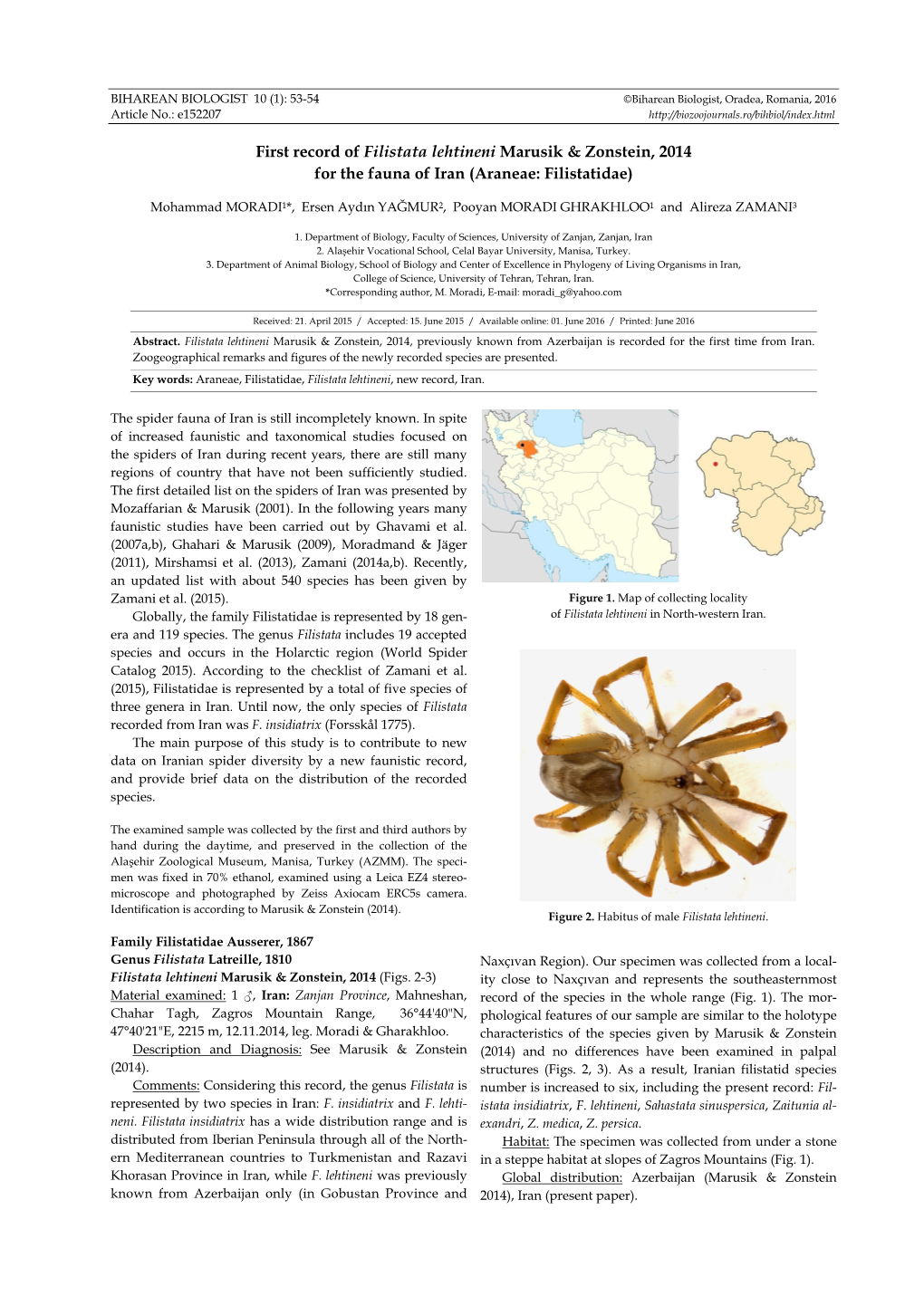 First Record of Filistata Lehtineni Marusik & Zonstein, 2014 for the Fauna of Iran (Araneae: Filistatidae)