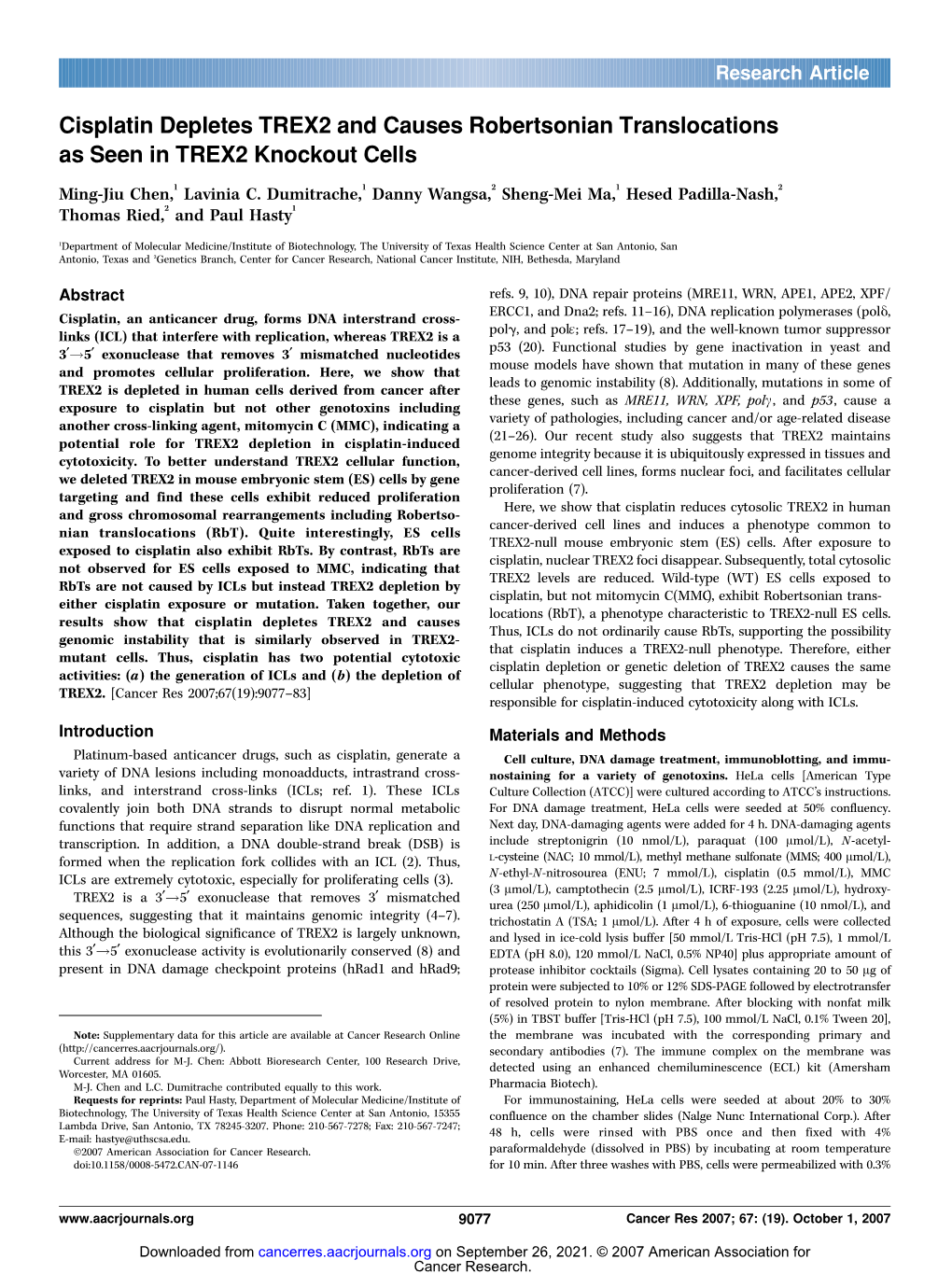 Cisplatin Depletes TREX2 and Causes Robertsonian Translocations As Seen in TREX2 Knockout Cells