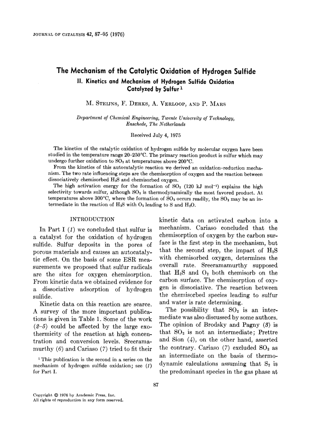 The Mechanism of the Catalytic Oxidation of Hydrogen Sulfide II