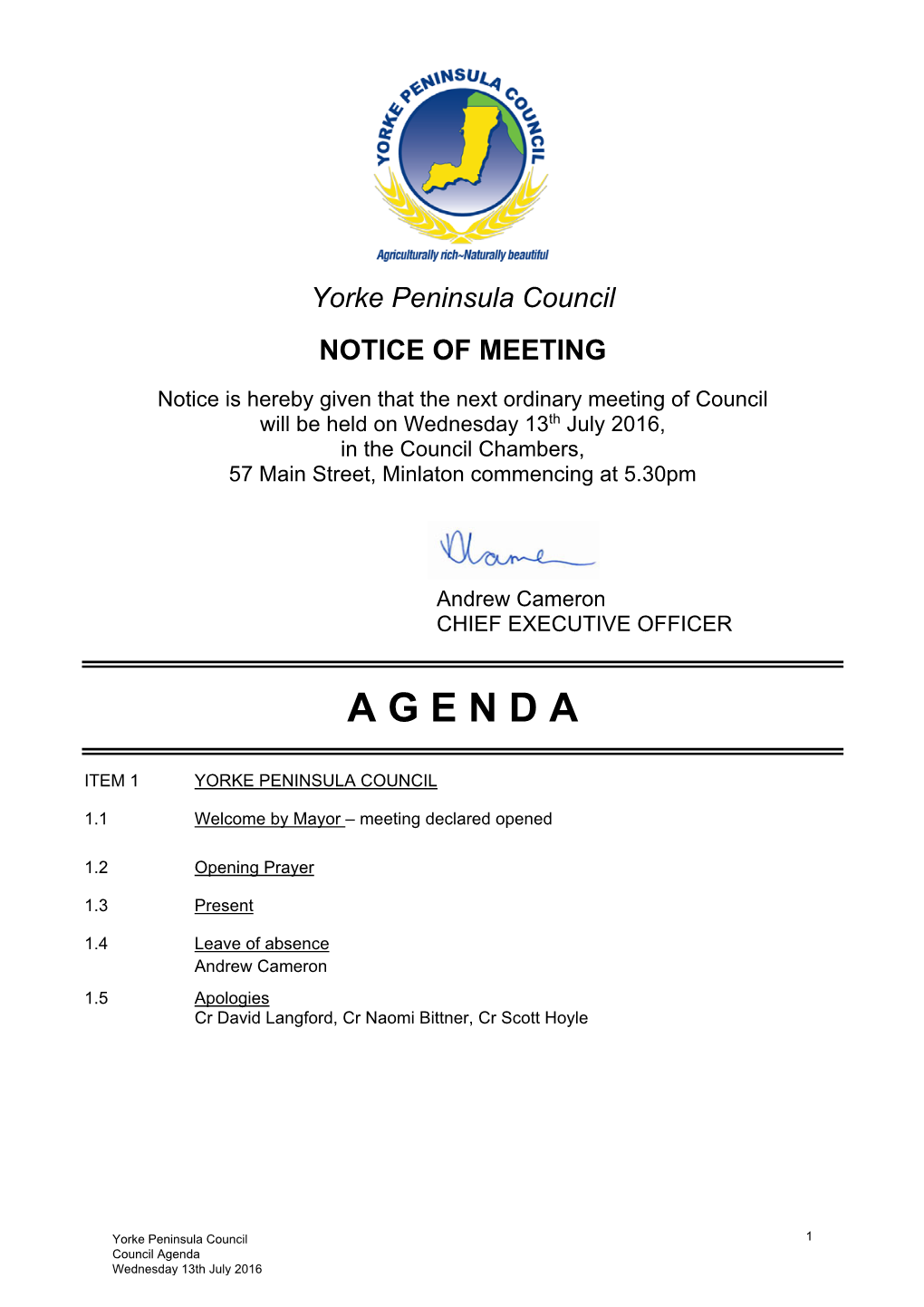 Council Agenda Wednesday 13Th July 2016 1.6 Conflict of Interest