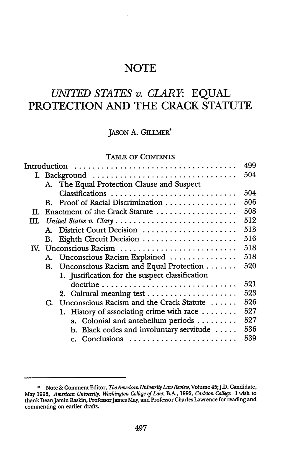 United States V. Clary: Equal Protection and the Crack Statute