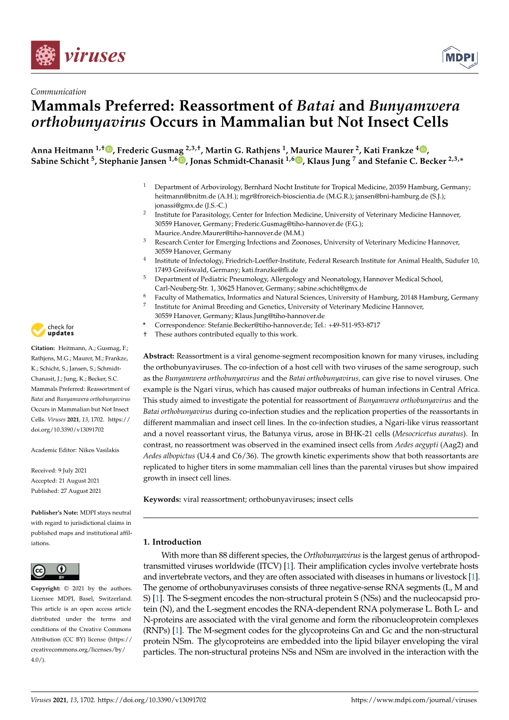Reassortment of Batai and Bunyamwera Orthobunyavirus Occurs in Mammalian but Not Insect Cells