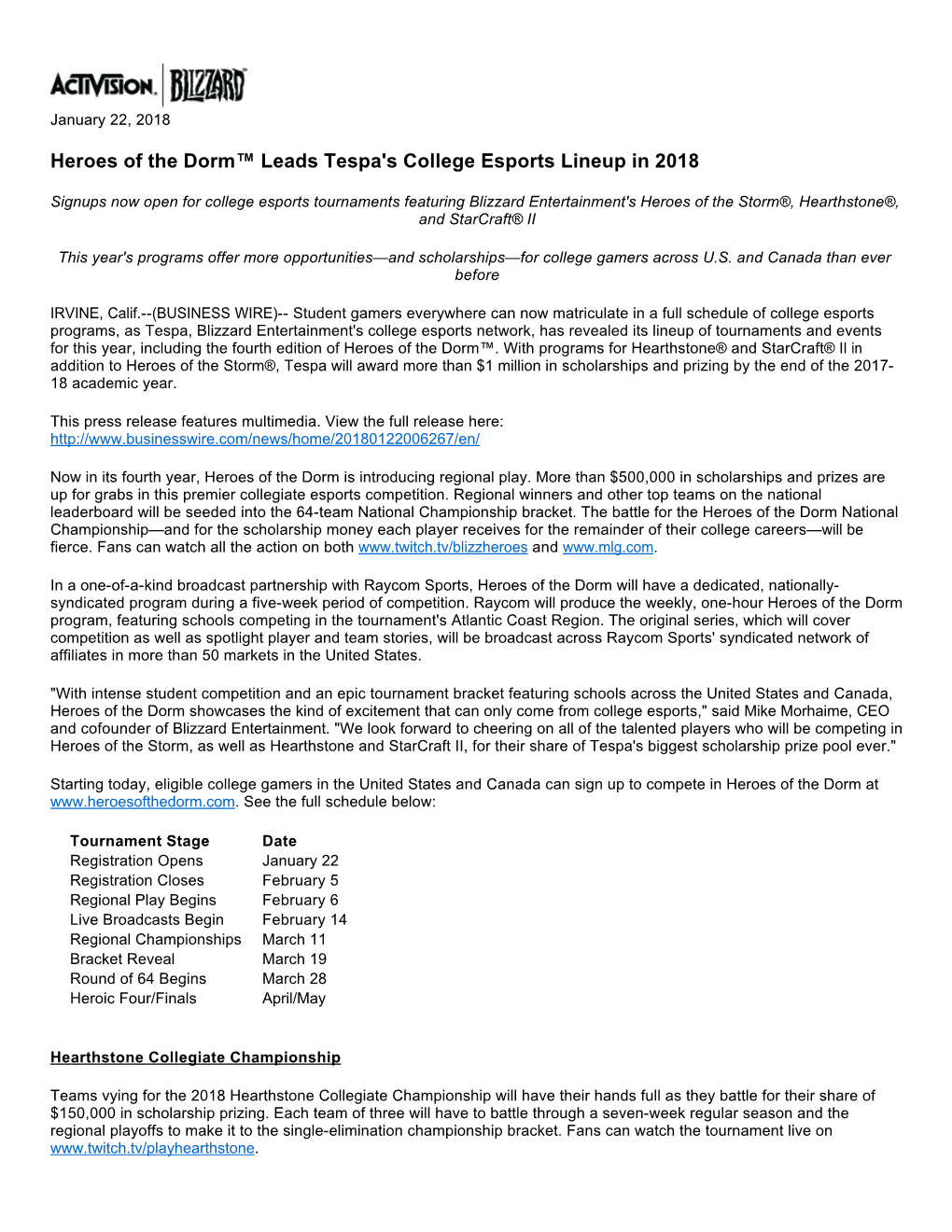 Heroes of the Dorm™ Leads Tespa's College Esports Lineup in 2018