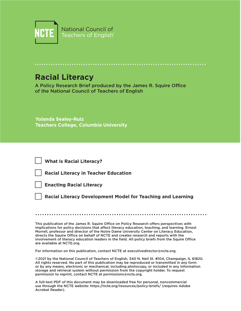 Racial Literacy a Policy Research Brief Produced by the James R