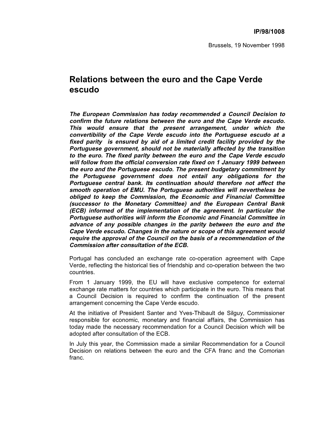 Relations Between the Euro and the Cape Verde Escudo