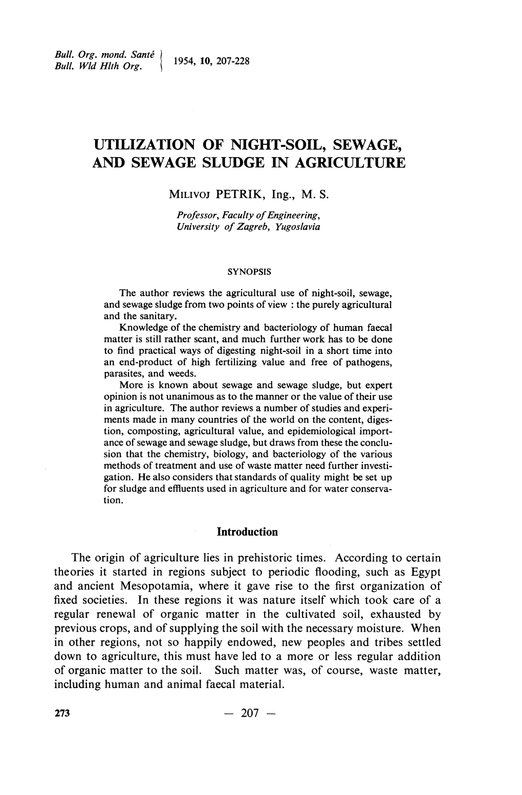 Utilization of Night-Soil, Sewage, and Sewage Sludge in Agriculture