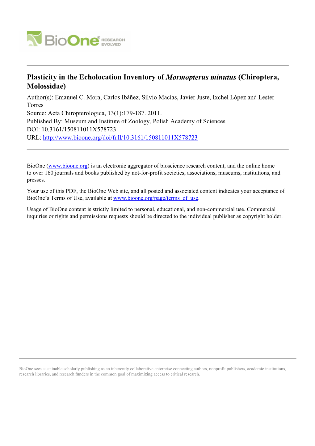 Plasticity in the Echolocation Inventory of Mormopterus Minutus (Chiroptera, Molossidae) Author(S): Emanuel C