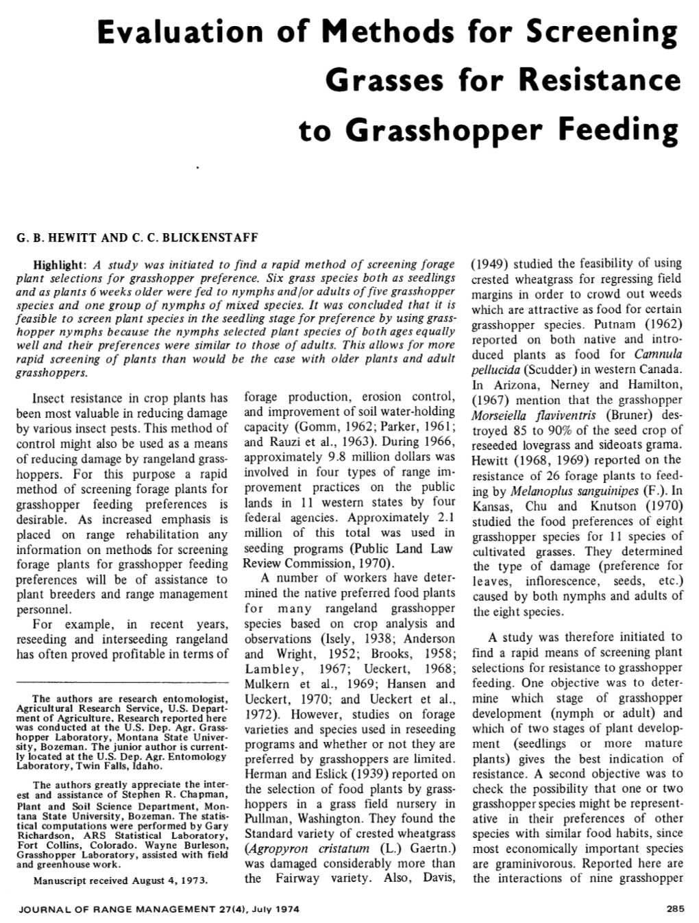 Evaluation of Methods for Screening Grasses for Resistance to Grasshopper Feeding
