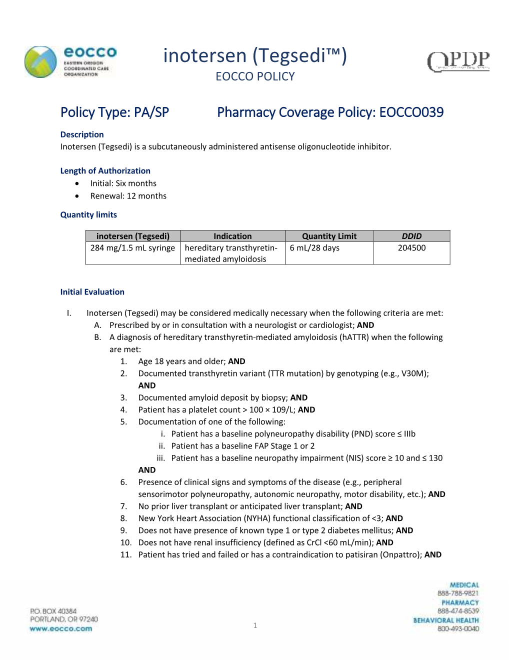 Inotersen (Tegsedi™) EOCCO POLICY