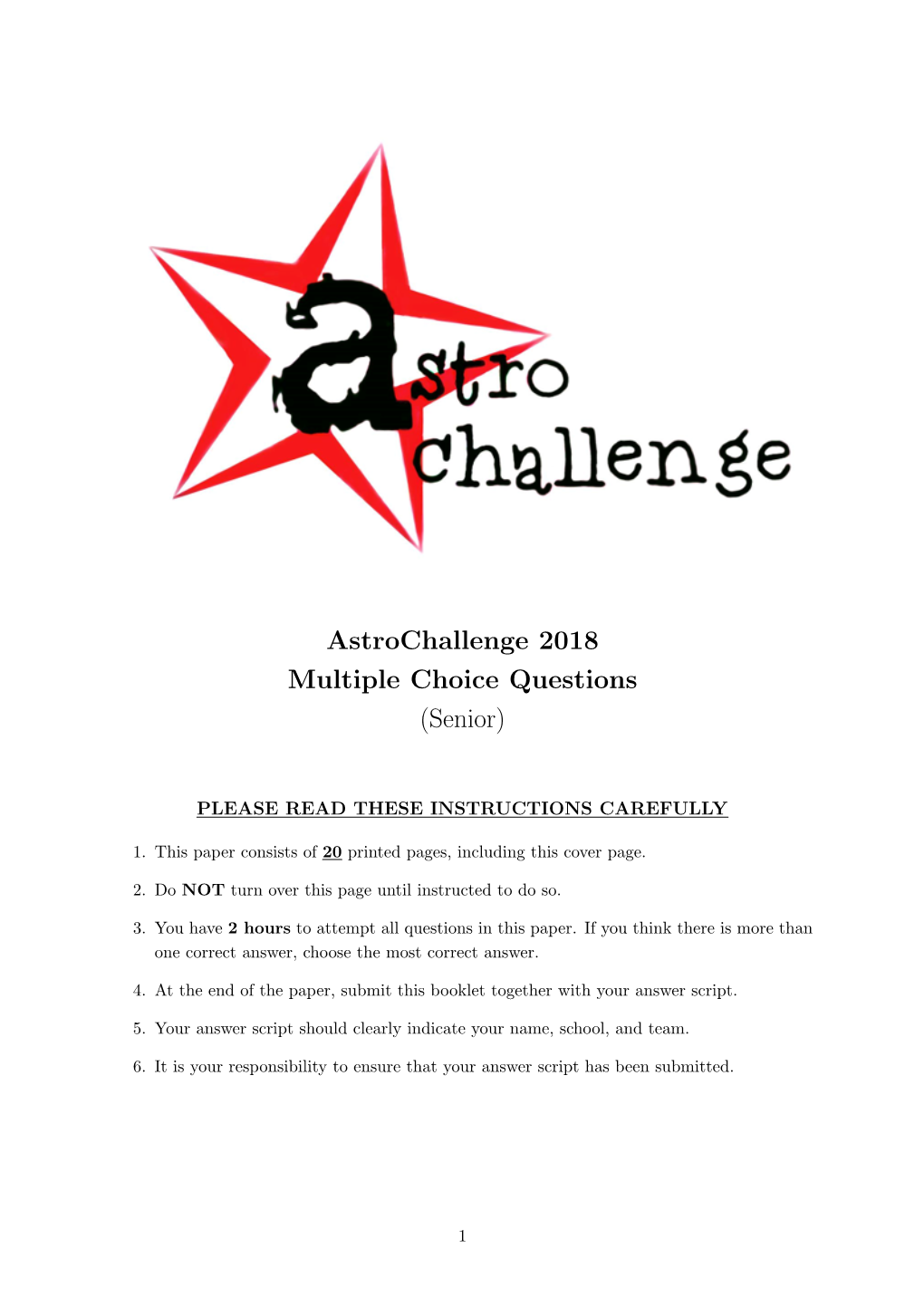 Astrochallenge 2018 Multiple Choice Questions (Senior)