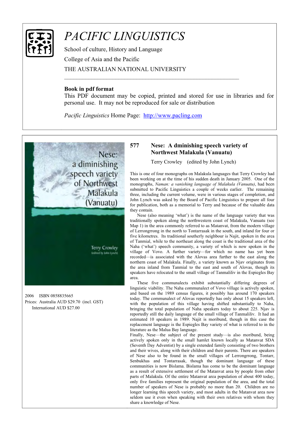 Nese: a Diminishing Speech Variety of Northwest Malakula (Vanuatu)