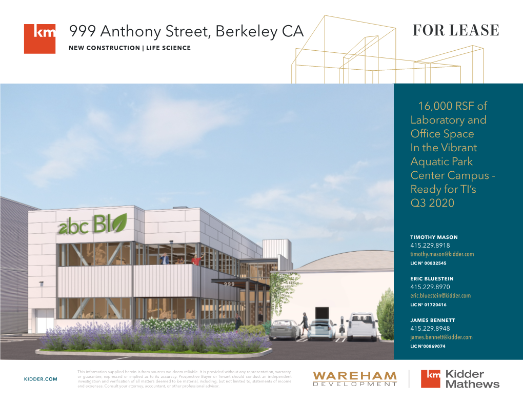 FOR LEASE 999 Anthony Street, Berkeley CA NEW CONSTRUCTION | LIFE SCIENCE