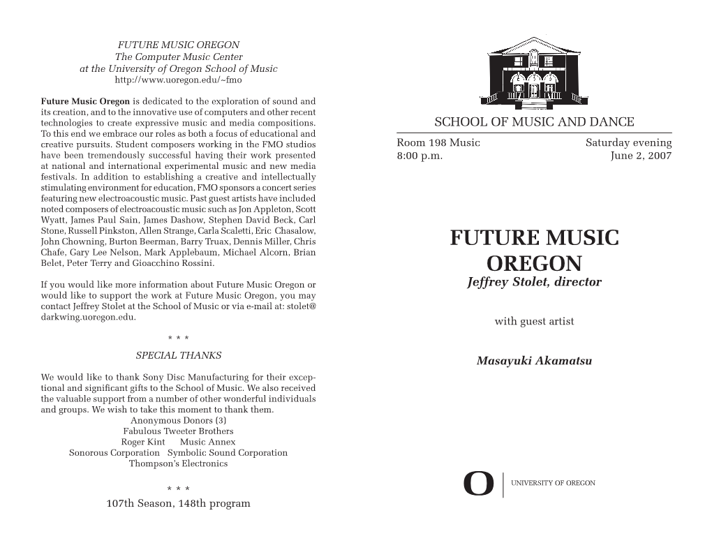 FUTURE MUSIC OREGON the Computer Music Center at the University of Oregon School of Music