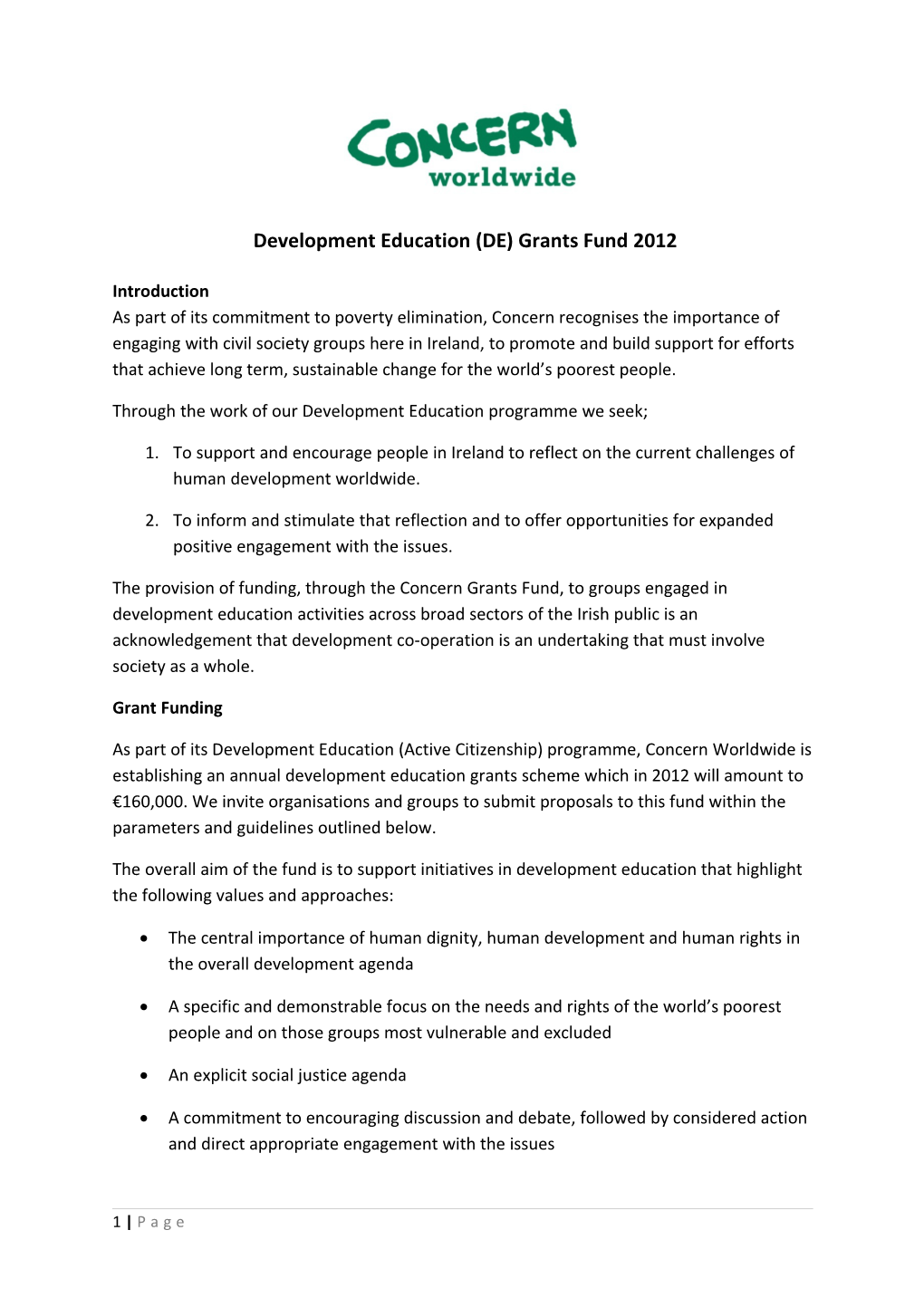 Development Education (DE) Grants Fund 2012