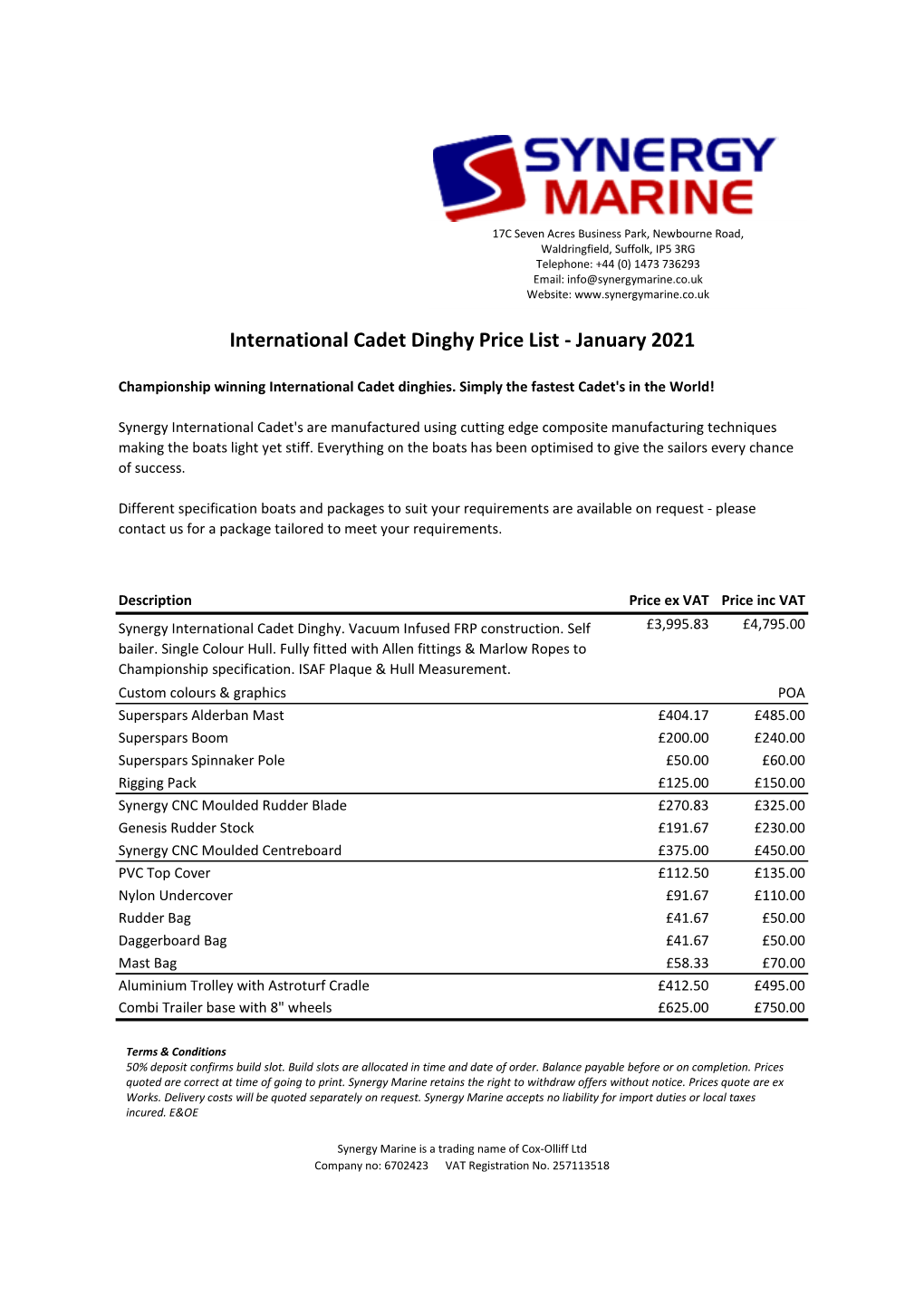 Synergy Marine Cadet Price List January 2021.Xlsx