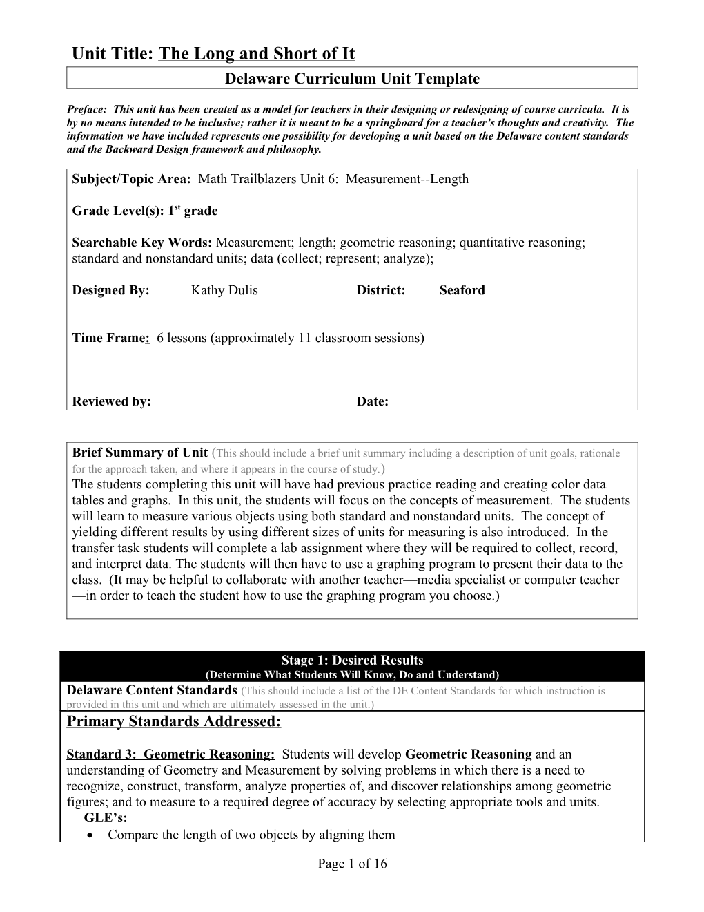 Delaware Curriculum Unit Template