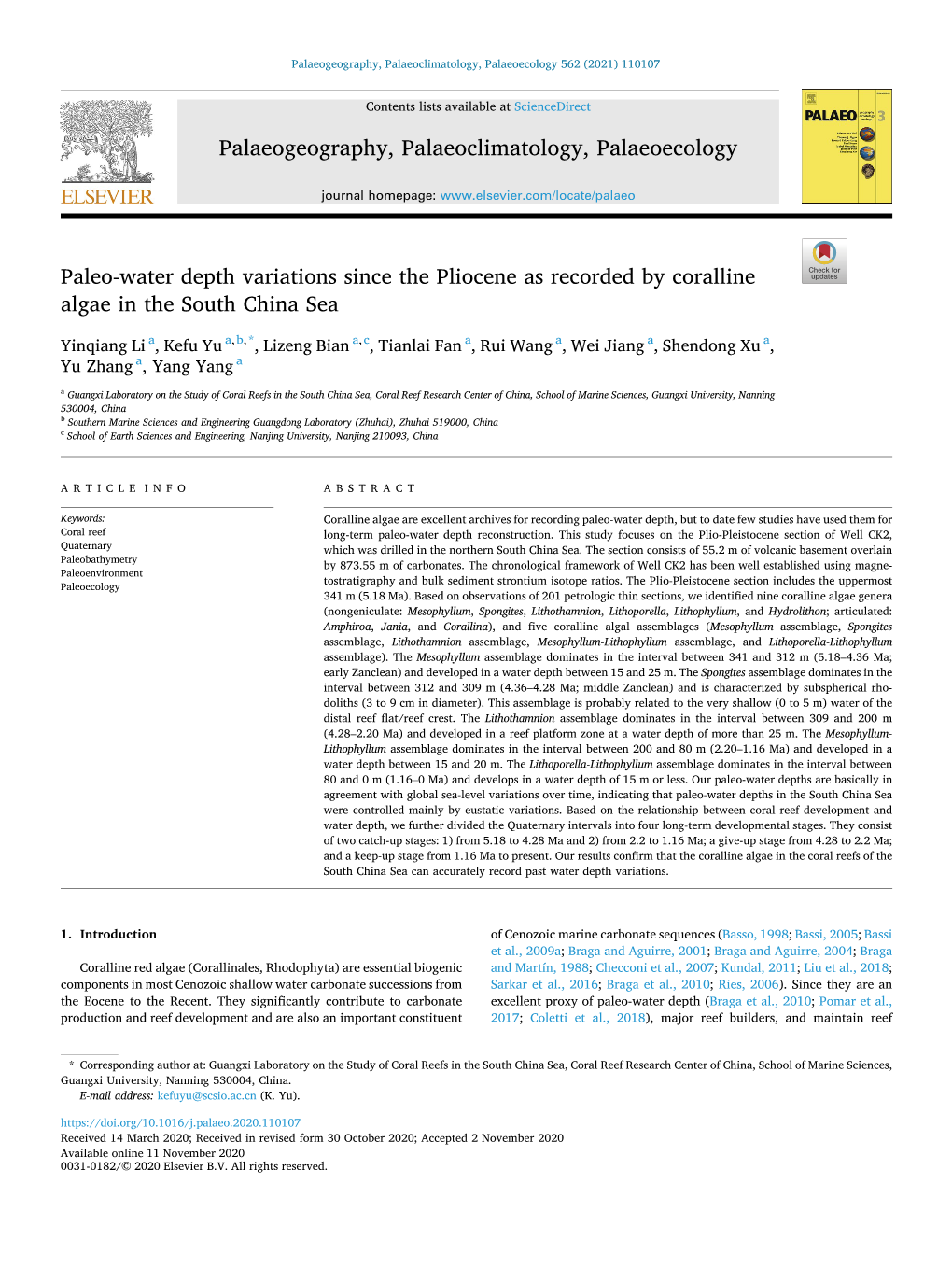 Paleo-Water Depth Variations Since the Pliocene As Recorded by Coralline Algae in the South China Sea