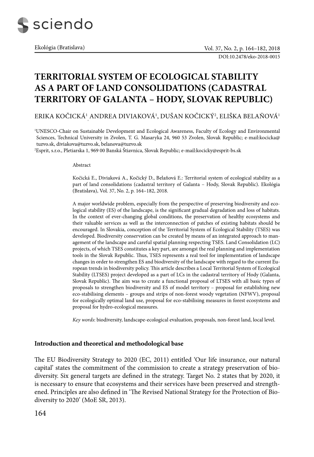 Territorial System of Ecological Stability As a Part of Land Consolidations (Cadastral Territory of Galanta – Hody, Slovak Republic)