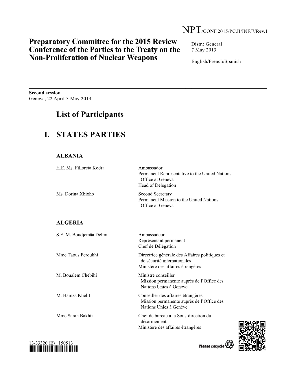 Preparatory Committee for the 2015 Review Conference of the Parties to the Treaty on the Non-Proliferation of Nuclear Weapons Mr