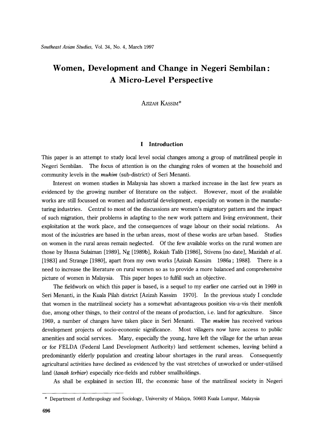 Women, Development and Change in Negeri Sembilan: a Micro-Level Perspective