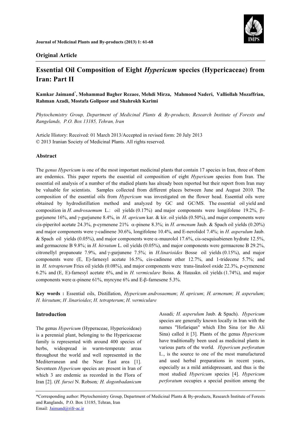 Essential Oil Composition of Eight Hypericum Species (Hypericaceae) from Iran: Part II