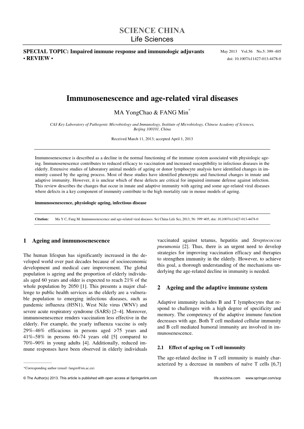 SCIENCE CHINA Immunosenescence and Age-Related Viral Diseases