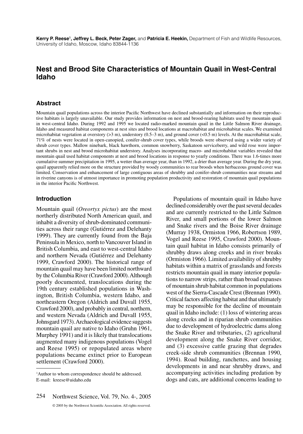 Nest and Brood Site Characteristics of Mountain Quail in West-Central Idaho