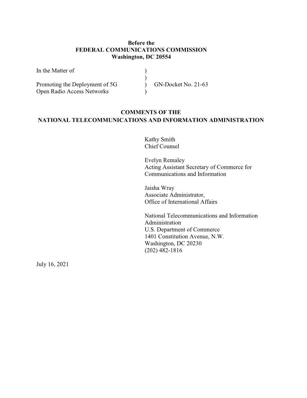 NTIA Comments on Promoting the Deployment of 5G Open Radio