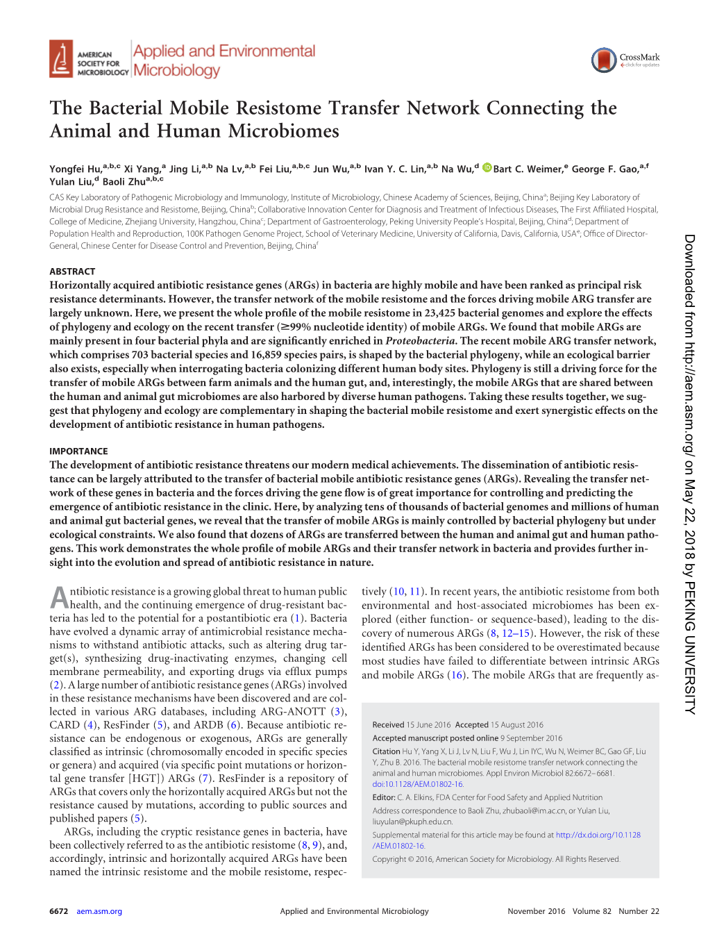 The Bacterial Mobile Resistome Transfer Network Connecting the Animal and Human Microbiomes