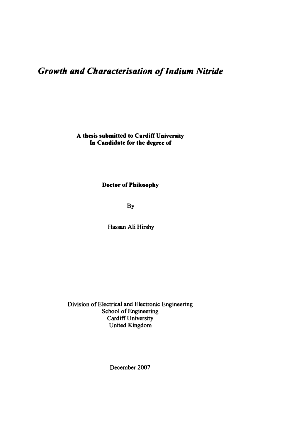 Growth and Characterisation of Indium Nitride