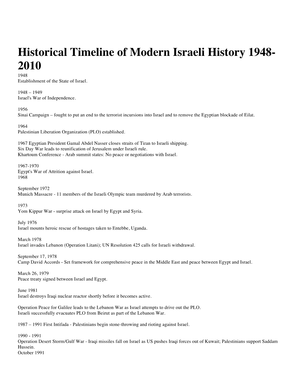 Historical Timeline of Modern Israeli History 1948- 2010 1948 Establishment of the State of Israel