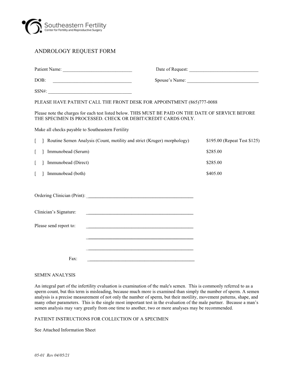 Andrology Request Form