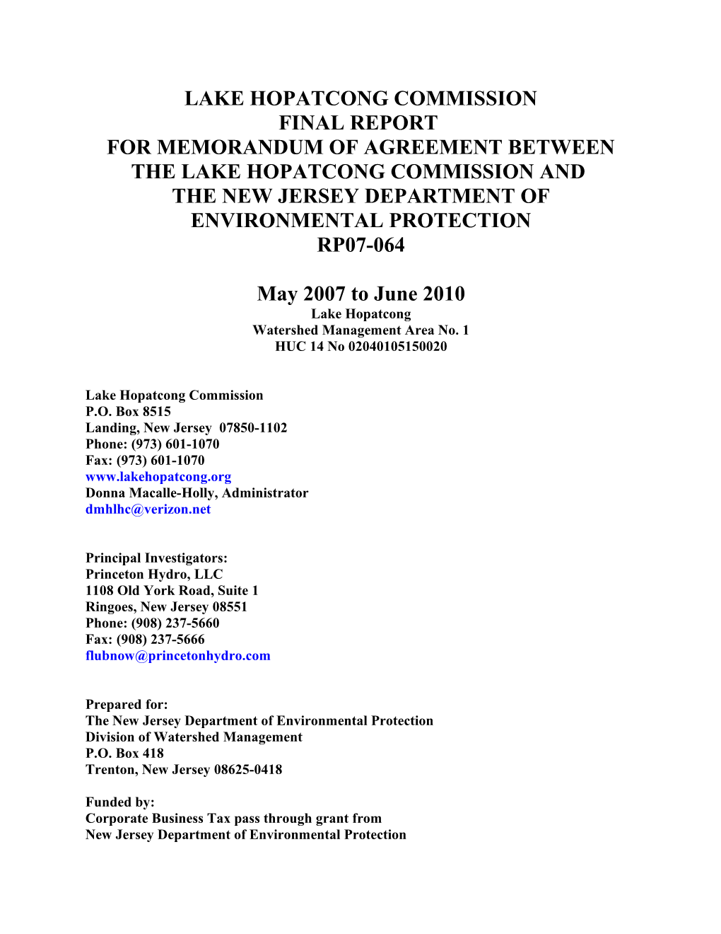 Final Report For LHC NJDEP MOA 2007 2010