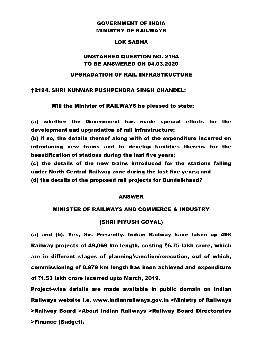 Government of India Ministry of Railways Lok Sabha