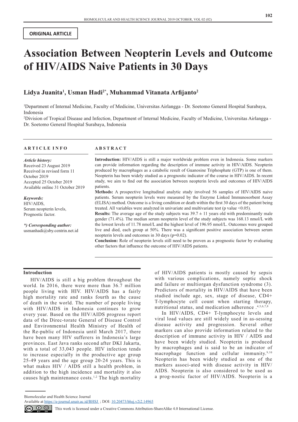 Association Between Neopterin Levels and Outcome of HIV/AIDS Naive Patients in 30 Days