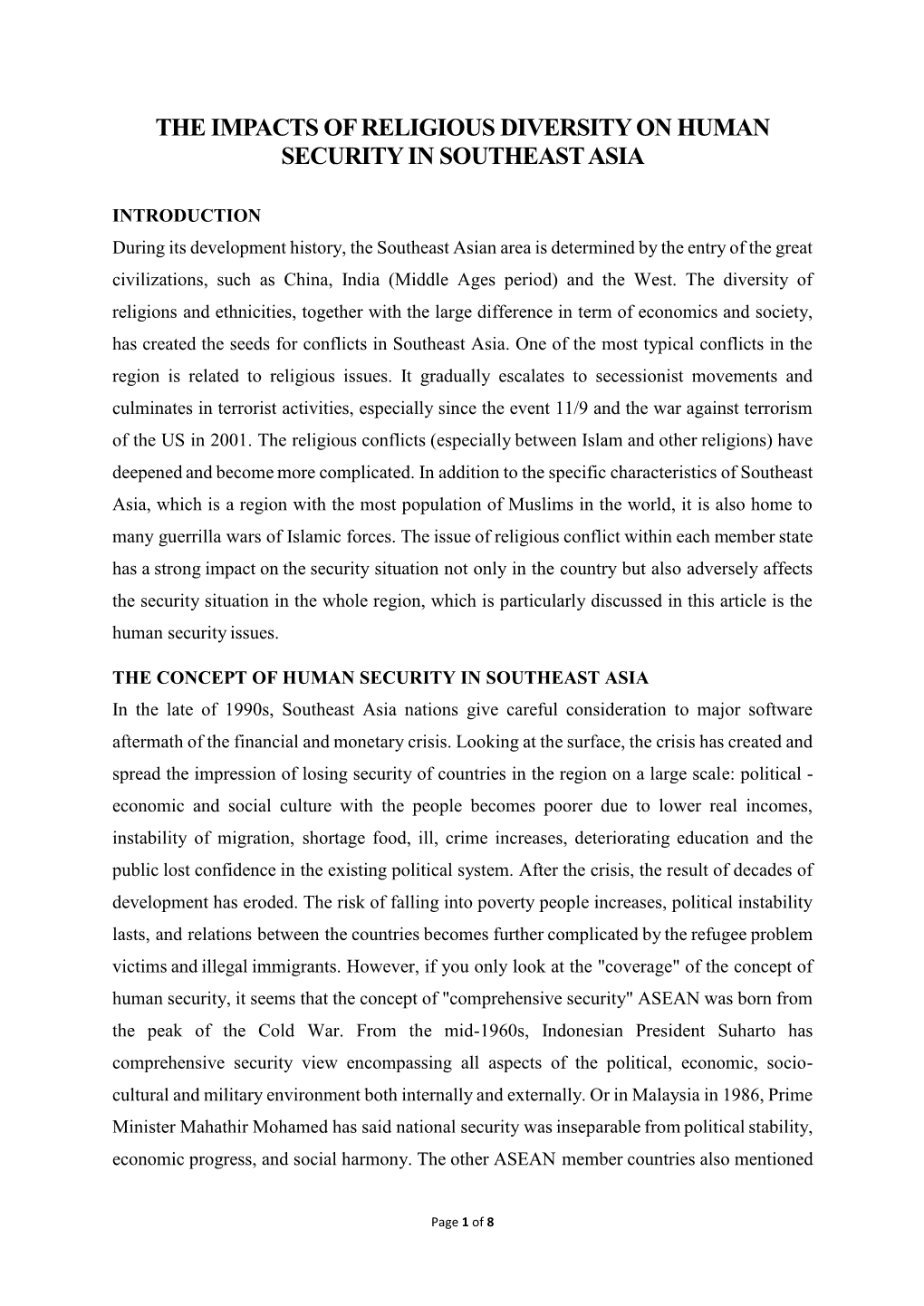 The Impacts of Religious Diversity on Human Security in Southeast Asia