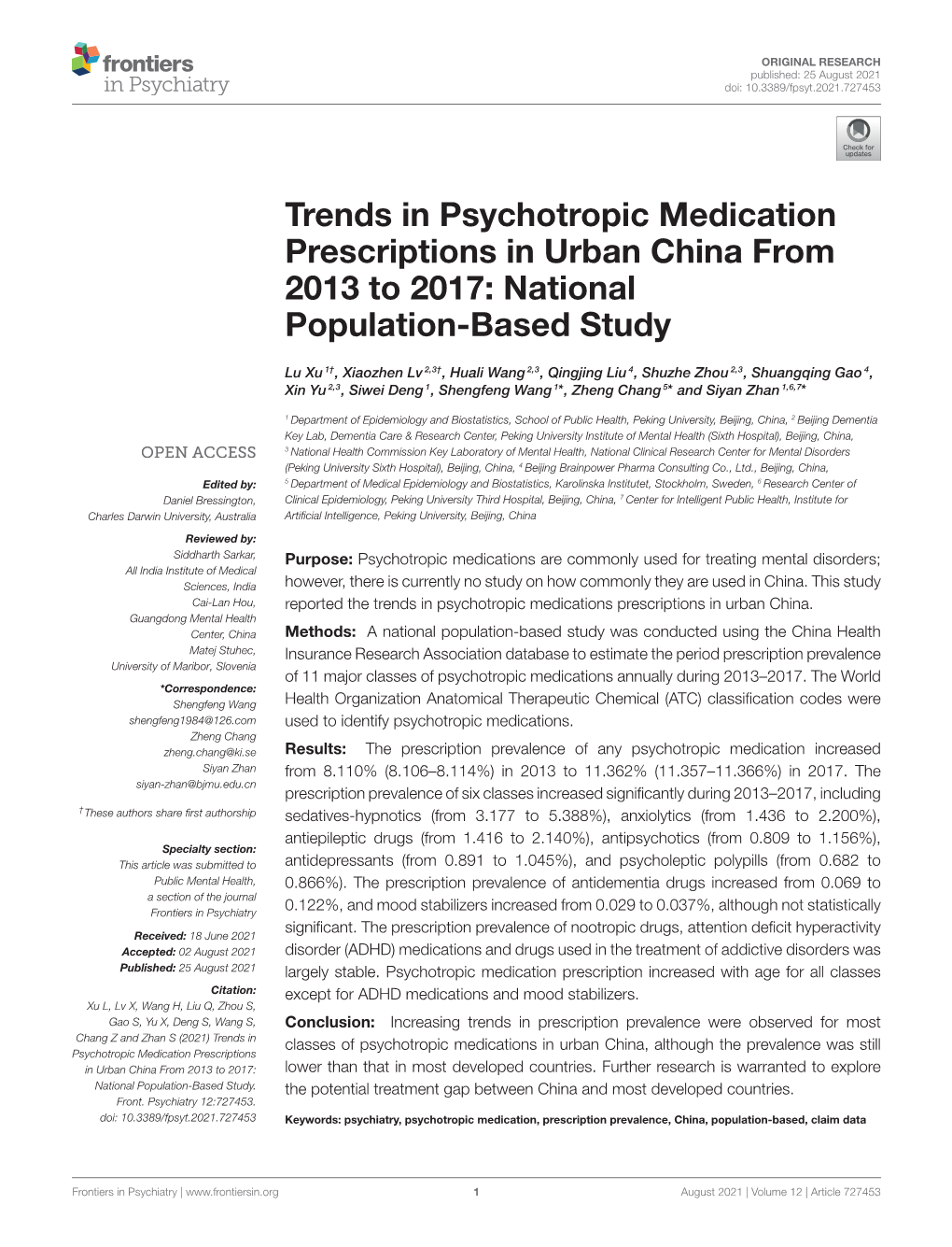 Trends in Psychotropic Medication Prescriptions in Urban China from 2013 to 2017: National Population-Based Study