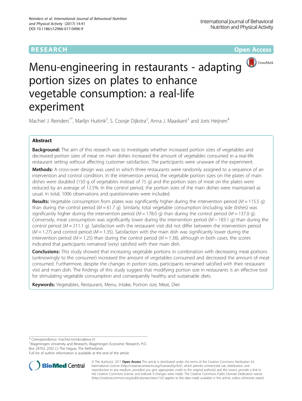 Menu-Engineering in Restaurants - Adapting Portion Sizes on Plates to Enhance Vegetable Consumption: a Real-Life Experiment Machiel J