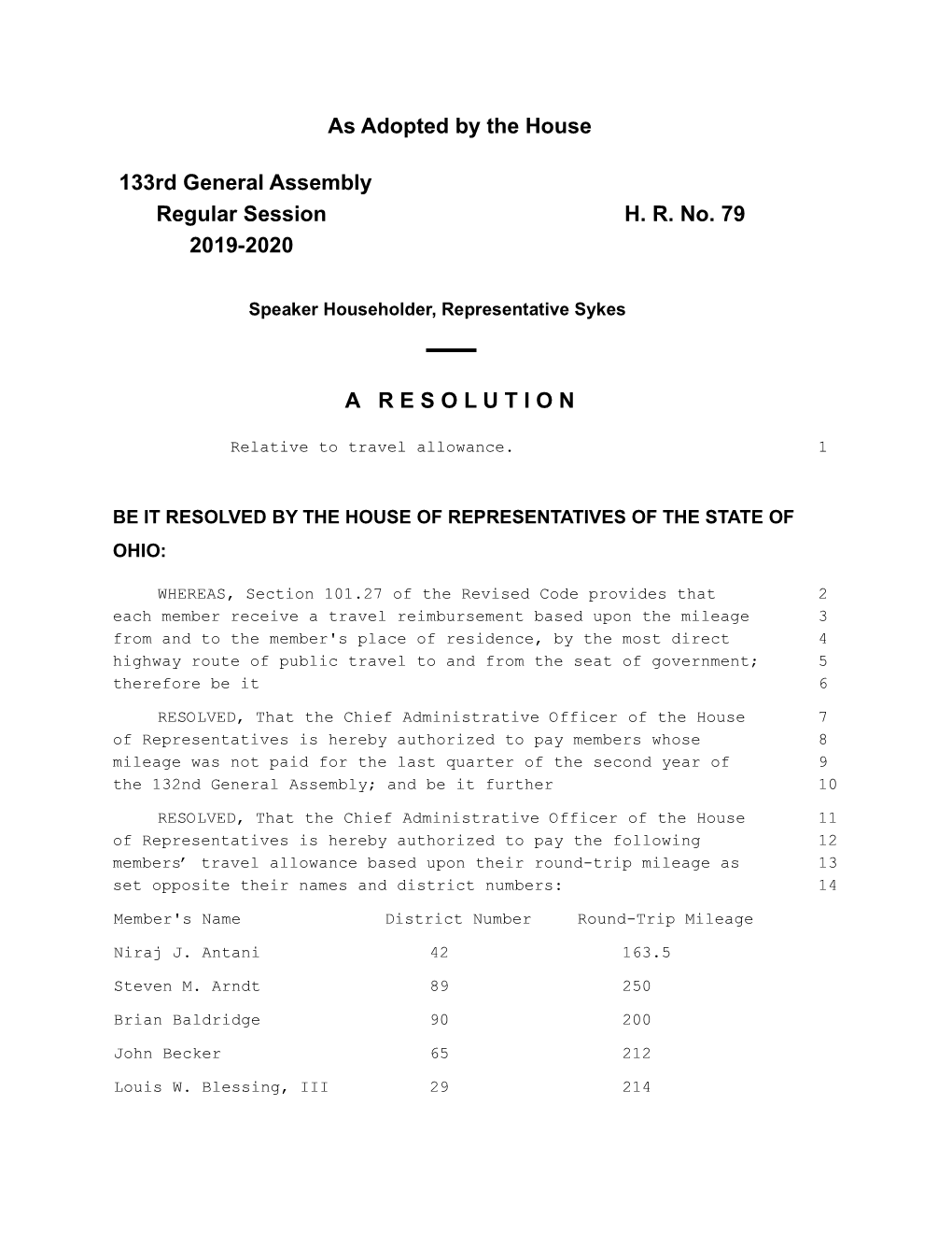 As Adopted by the House 133Rd General Assembly Regular Session