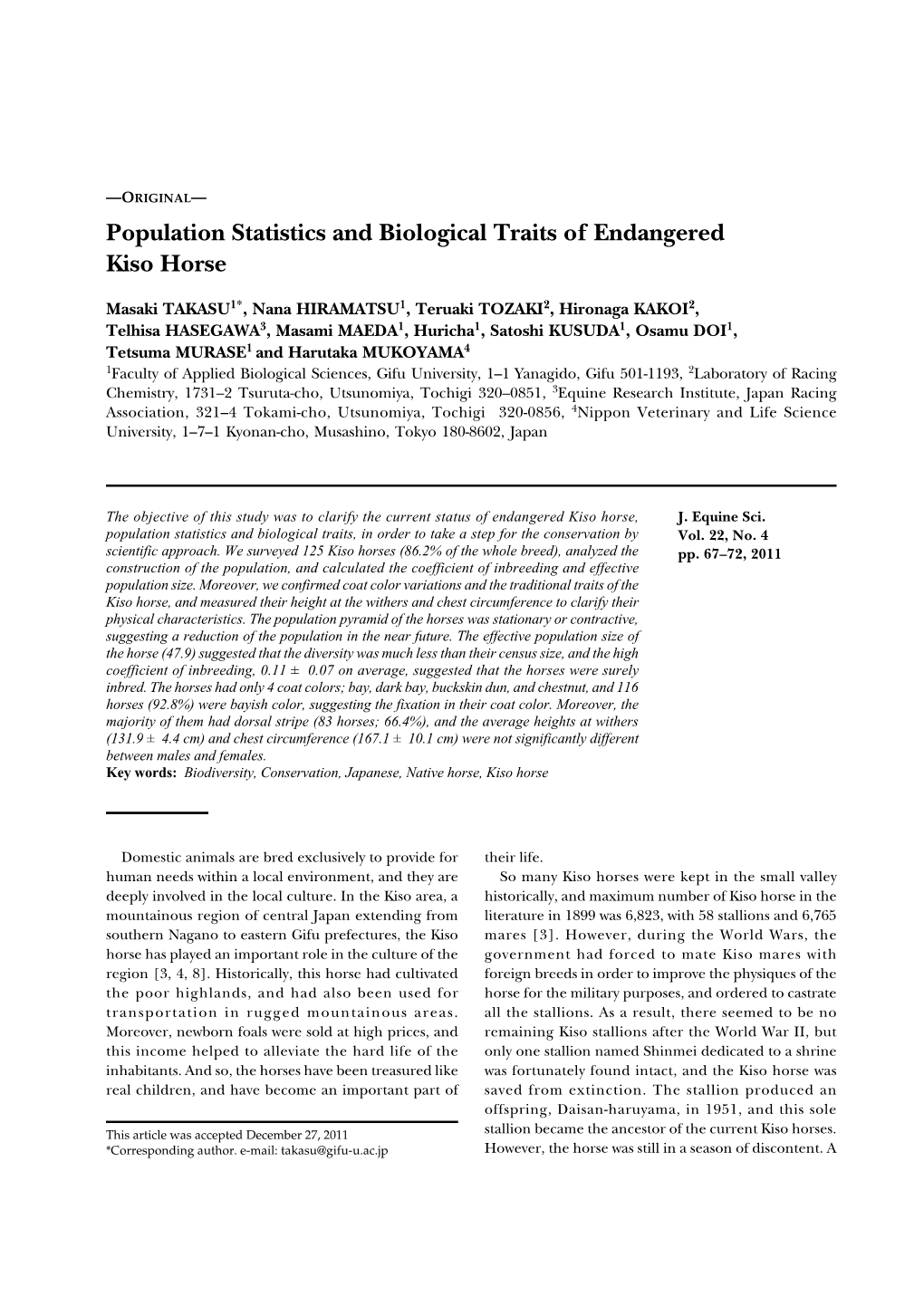 Population Statistics and Biological Traits of Endangered Kiso Horse