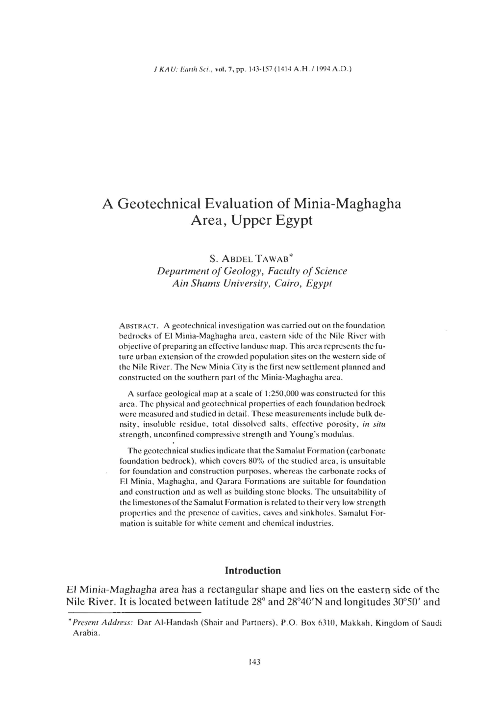 A Geotechnical Evaluation of Minia-Maghagha Area, Upper Egypt