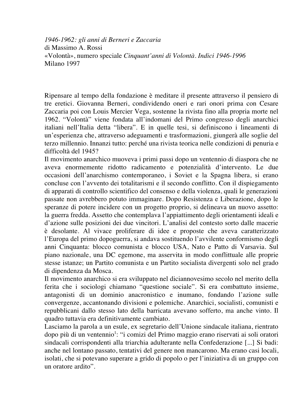 1946-1962: Gli Anni Di Berneri E Zaccaria Di Massimo A