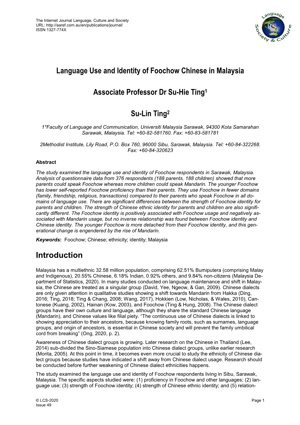 Language Use and Identity of Foochow Chinese in Malaysia