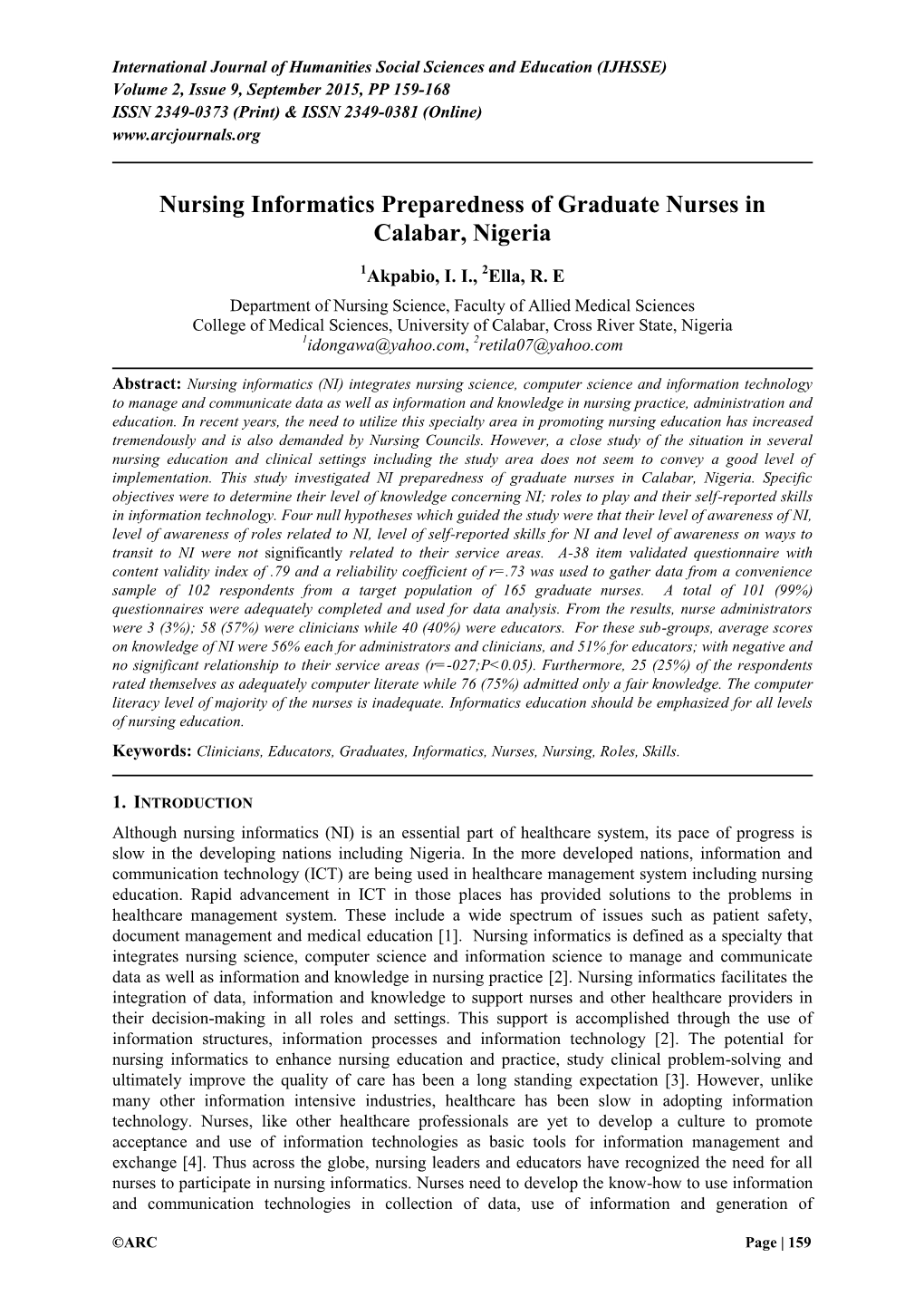 Nursing Informatics Preparedness of Graduate Nurses in Calabar, Nigeria